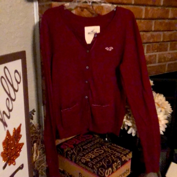 NWT Vintage Hollister burgundy cardigan sweater. Velour strip on pockets. - Picture 2 of 10